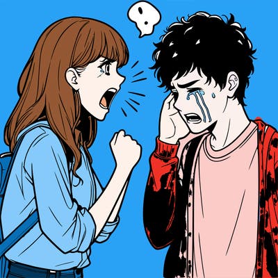teenage girl yelling at a teenage boy and he's crying realistic
