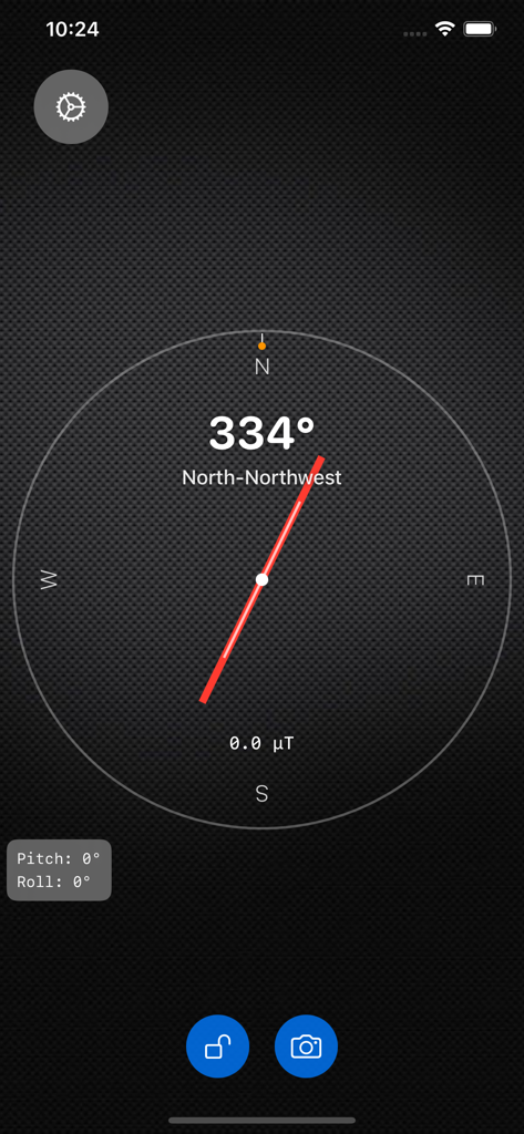 Compass XXL - Digital compass interface showing heading, magnetic field strength, pitch, and roll