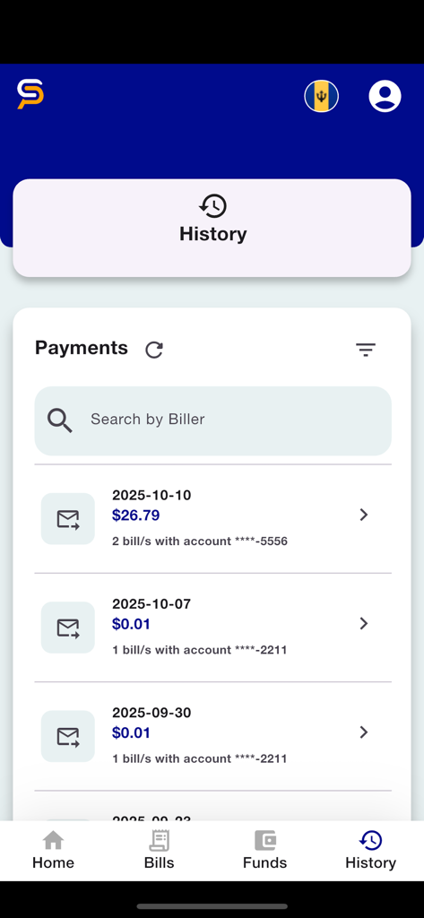 SurePay Mobile payment history screen showing a list of past bill payments with dates and amounts