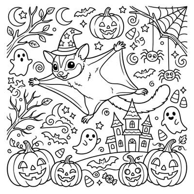 Get ready for a bewitching coloring experience with this adorable sugar glider. It's dressed in a witch hat and surrounded by all the spooky-cute delights of Halloween, perfect for adding a touch of magic to your festivities.