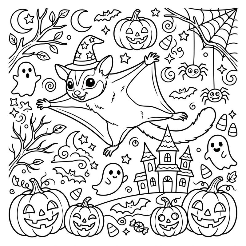 Get ready for a bewitching coloring experience with this adorable sugar glider. It's dressed in a witch hat and surrounded by all the spooky-cute delights of Halloween, perfect for adding a touch of magic to your festivities.