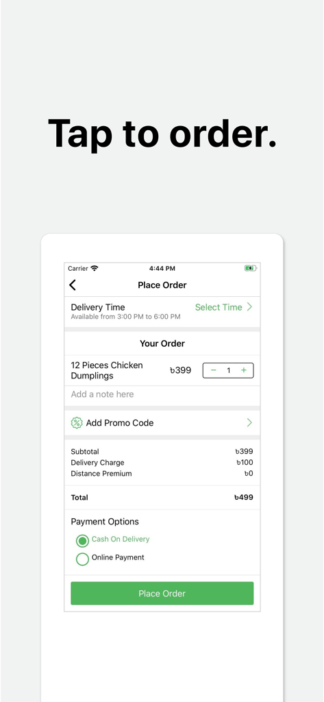 Cookups - Checkout screen of the Cookups app showing a food order summary for chicken dumplings with total price and a place order button