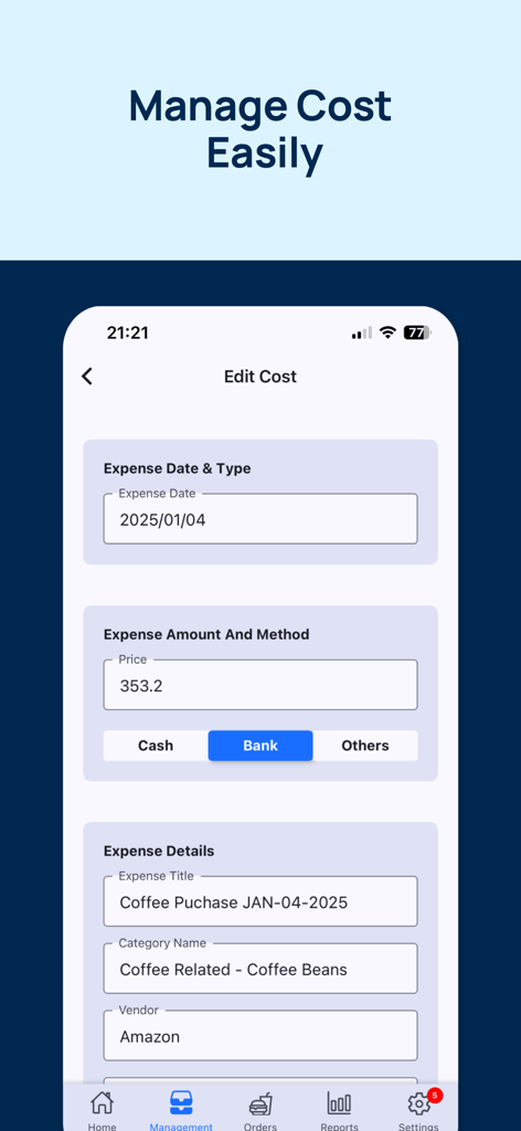 Smartphone screen showing expense tracking in the vOrder POS app for restaurant owners