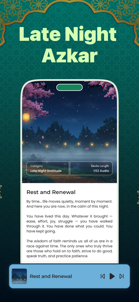 Noorly - Al Quran, Azkar, Deen - La pantalla de Azkar Nocturno en la aplicación Noorly que presenta una reflexión espiritual llamada Descanso y Renovación con un reproductor de audio incorporado