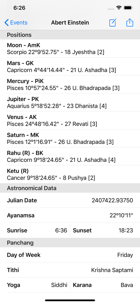 Jyotish Computer - Screenshot of the Jyotish Computer app displaying detailed planetary positions, astronomical data, and Panchang information for an individual profile