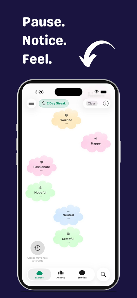 Emotica: Mood Tracker & Diary - Smartphone screen showing the Emotica app interface with colorful floating clouds representing emotions like Happy, Worried, and Grateful.