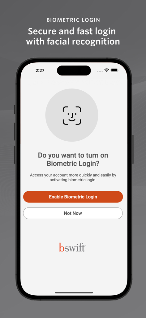 bswift Mobile - bswift Mobileアプリでの顔認証を使用した安全な生体認証ログインの設定画面。