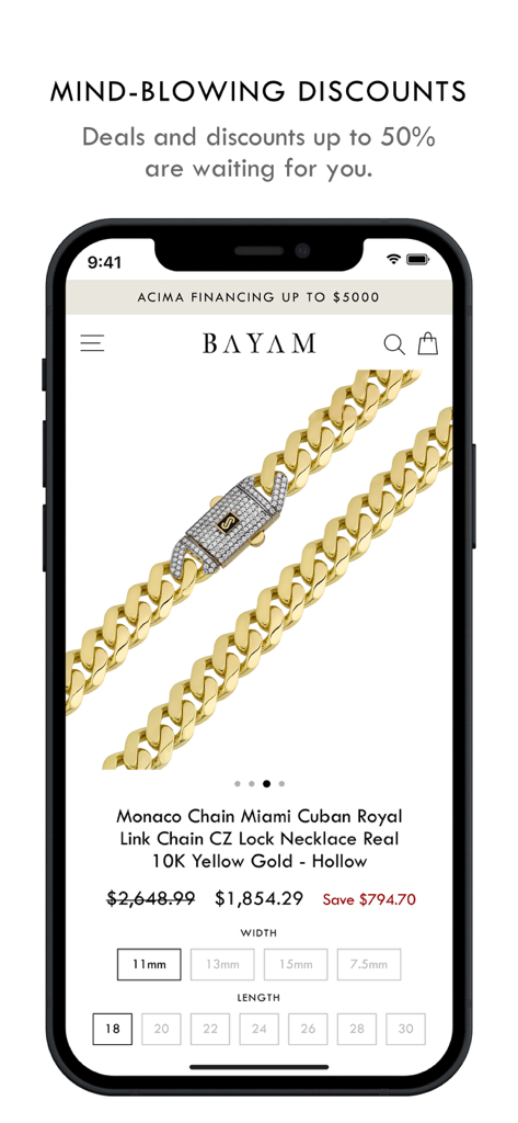 BAYAM JEWELRY - Bayam Jewelry app screen featuring a discounted 10K yellow gold Miami Cuban link chain.