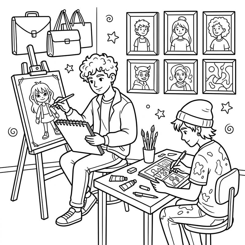 Step into a bustling art studio with this dynamic coloring page, showcasing two teenage artists bringing their ideas to life. It's a wonderful way to celebrate creativity and inspire young minds to explore their artistic talents.
