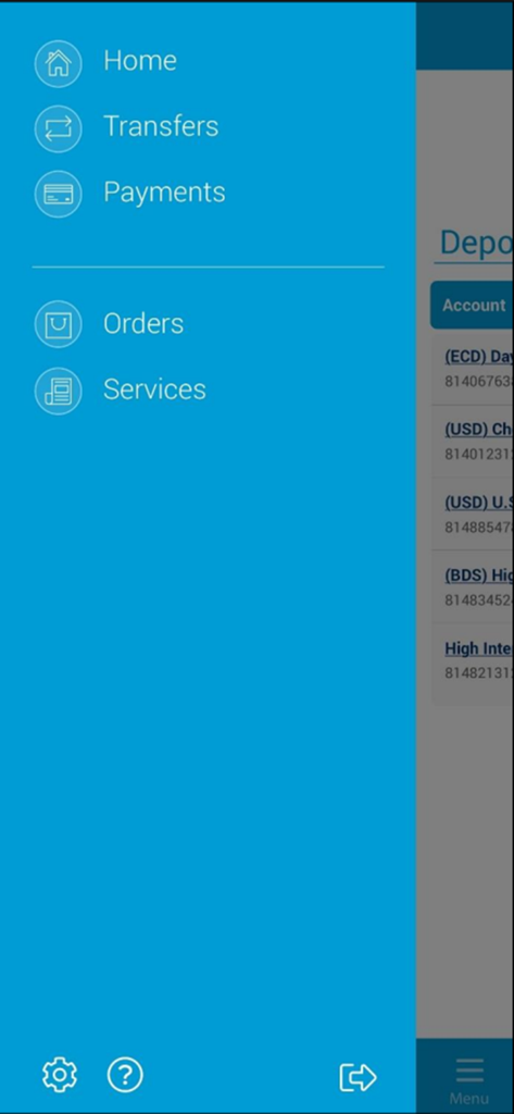 1st National Bank - Side navigation menu of the 1st National Bank St Lucia mobile app showing home transfers and payments options