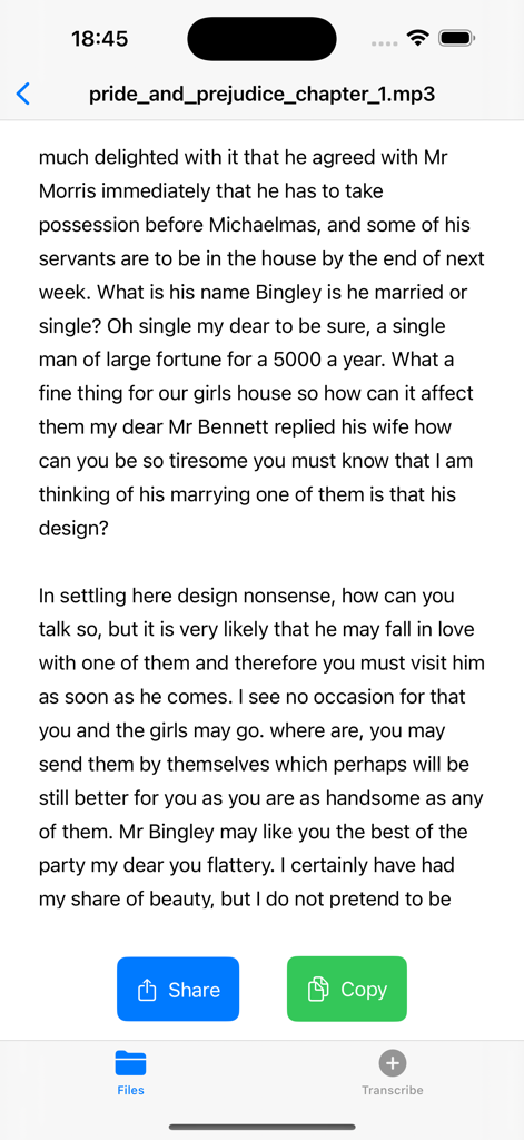 AudioScript - AudioScriptアプリ画面、共有およびコピーオプション付きのオーディオファイルのテキスト文字起こしが表示されています