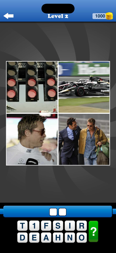 Guess the Movie: Film Pop Quiz - Captura de pantalla de juego de la aplicación Adivina la Película que muestra imágenes de Brad Pitt y coches de carreras de Fórmula 1 para un nivel de trivia 2.