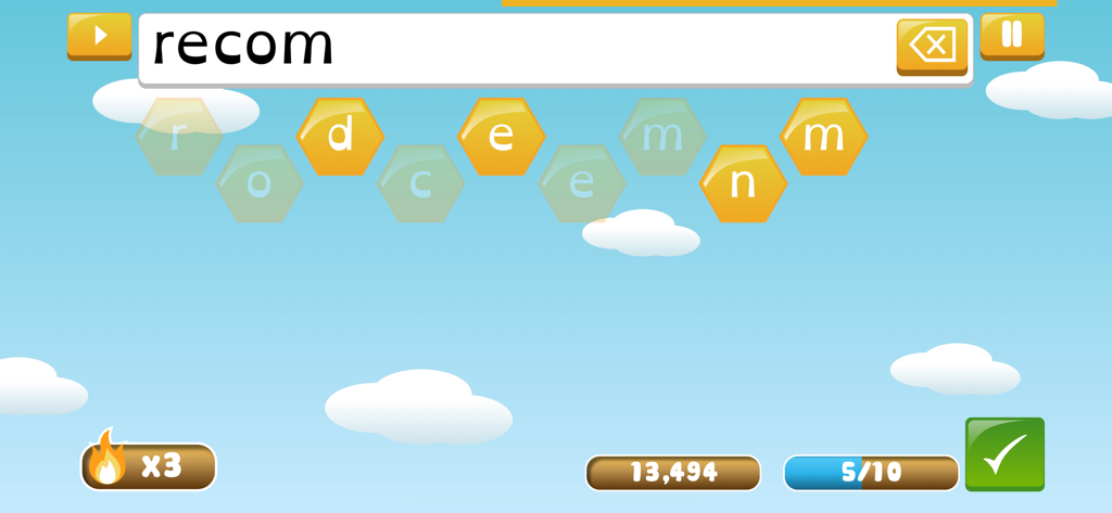 Spelling Shed - In-game screen of Spelling Shed showing letter tiles in honeycombs for spelling practice with a sky background