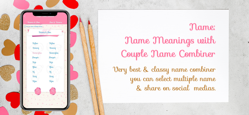 Naming: Name Meaning, Combiner - Un iPhone affichant les noms générés par l'outil de combinaison de noms de couple dans l'application Naming