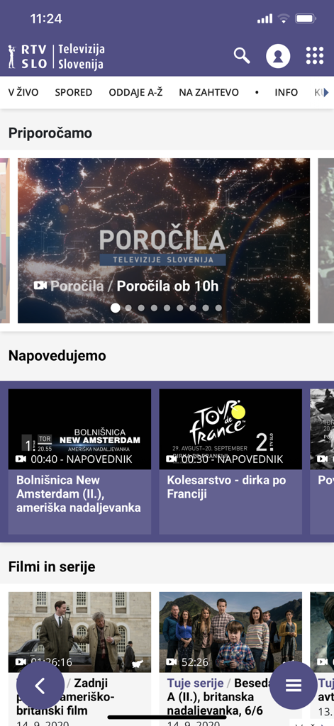 RTV SLO - RTV SLO app interface displaying Slovenian news programs, live TV schedules, and on-demand movies.