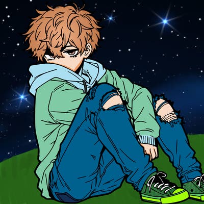 a male hoddie ripped jeans messy hair anime