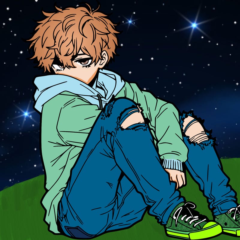 a male hoddie ripped jeans messy hair anime