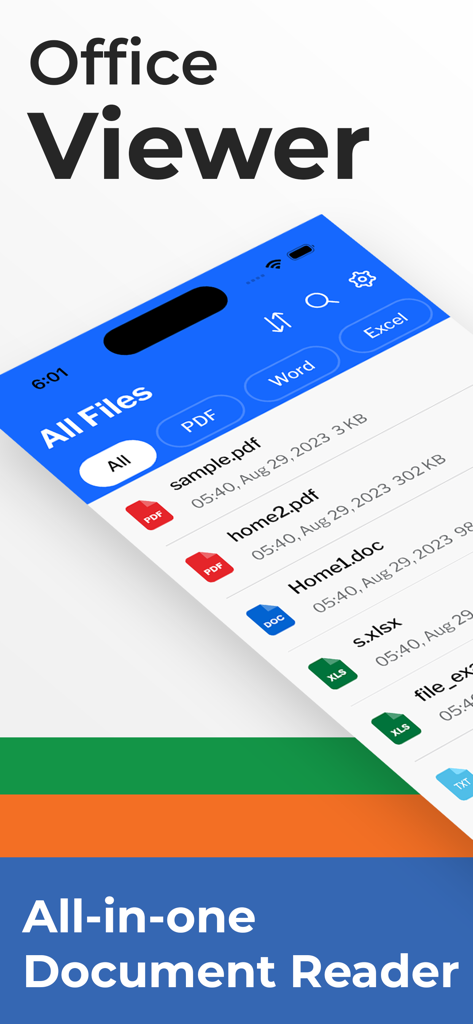 All Document Reader & Viewer - All Document Reader and Viewer app interface showing a list of PDF Word and Excel files