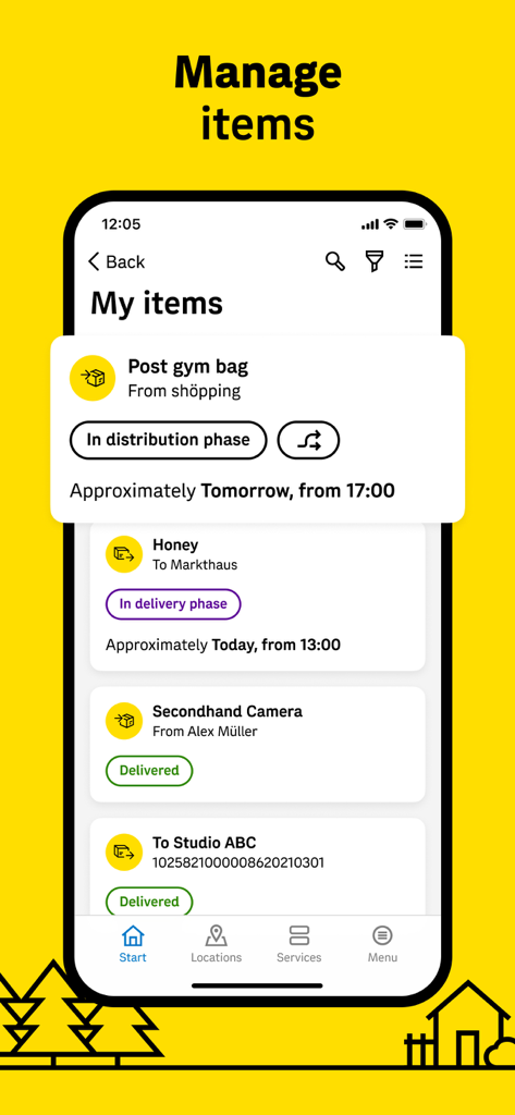 Interface of the Austrian Post app showing a list of tracked parcels with delivery statuses and estimated arrival times.