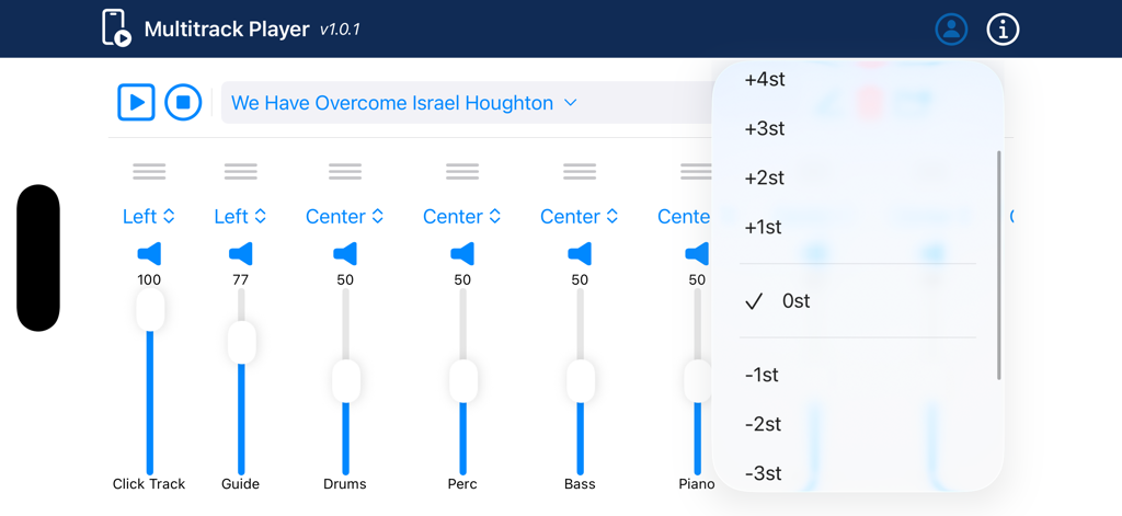 The Multitrack Player - Multitrack Player app interface with audio mixer and pitch shift menu