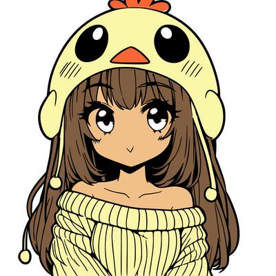 anime girl with chick shaped hat with sweater with bare shoulders with bangs covering them one eye with low tail
