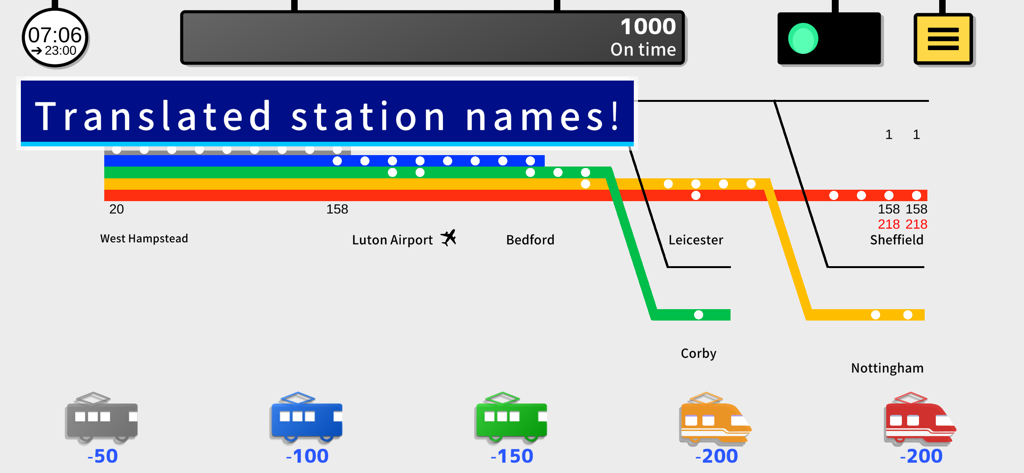Una captura de pantalla del juego London Dispatcher que muestra un mapa de red ferroviaria colorido con nombres de estaciones e iconos de tren