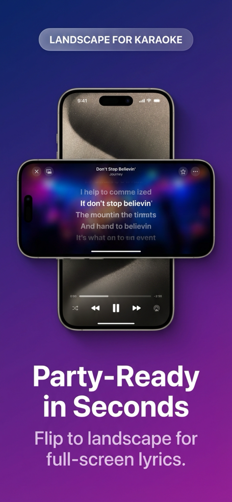 Karaoke for Youtube® - Smartphone displaying full screen karaoke lyrics in landscape mode on the Karaoke for Youtube app