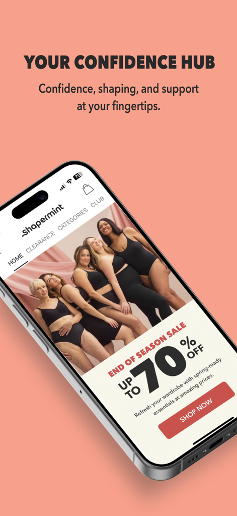 Shapermint: Best Shapewear - Shapermint app home screen featuring an end of season sale and diverse models in shapewear