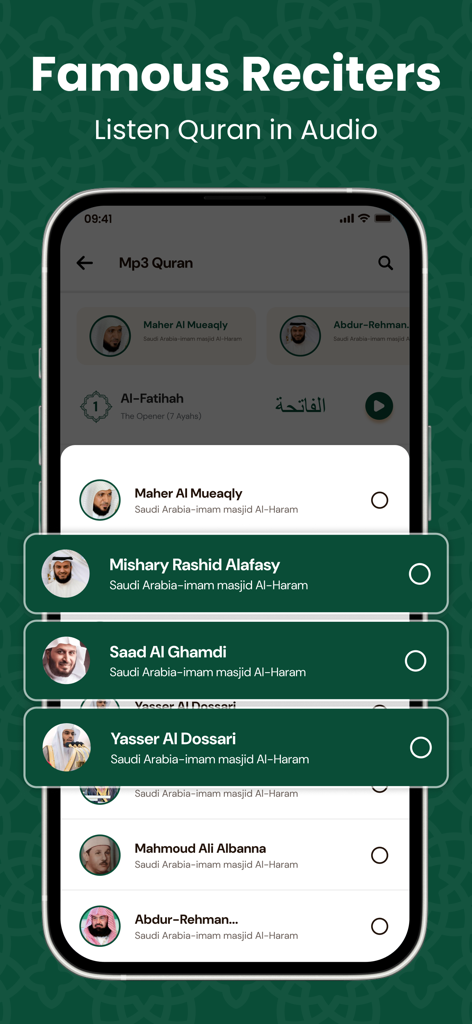 Al Quran Majeed القرآن الكريم - List of famous reciters for listening to the Quran in audio