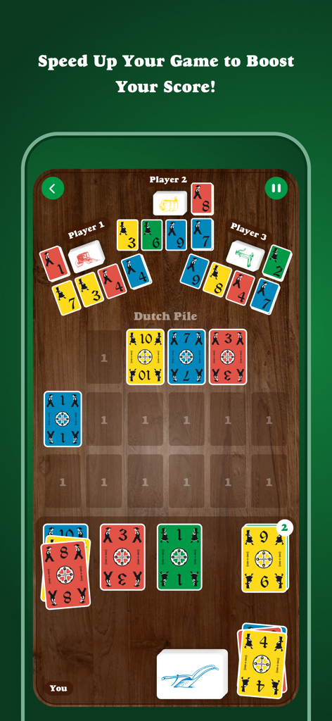 Dutch Blitz - Card Game - Gameplay screen of Dutch Blitz card game featuring colorful cards on a wooden surface.