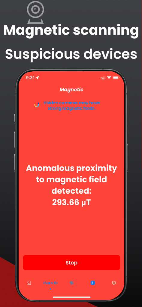AI Hidden Camera: Privacy Safe - Smartphone interface showing the magnetic field scanning feature of the AI Hidden Camera app detecting a suspicious device
