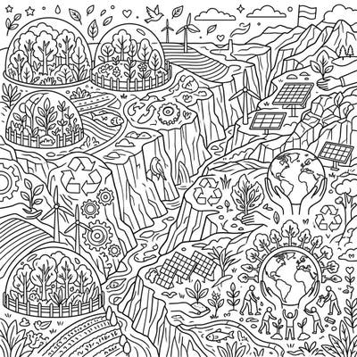 Immerse yourself in a breathtaking landscape featuring majestic rift valleys, teeming with symbols of environmental care and sustainability. This intricate coloring page celebrates Earth Day by intertwining natural beauty with crucial messages of conservation.