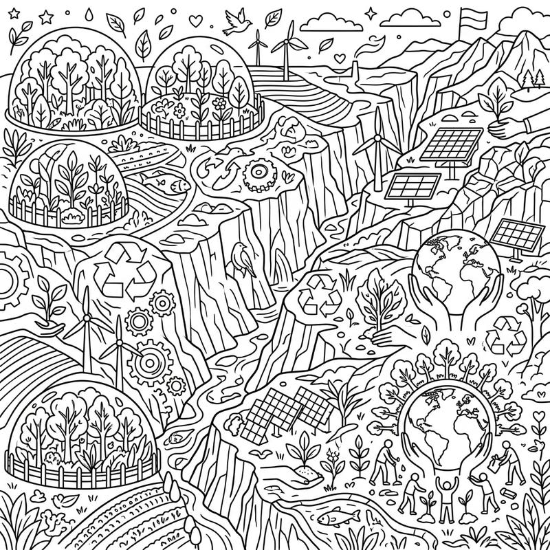 Immerse yourself in a breathtaking landscape featuring majestic rift valleys, teeming with symbols of environmental care and sustainability. This intricate coloring page celebrates Earth Day by intertwining natural beauty with crucial messages of conservation.