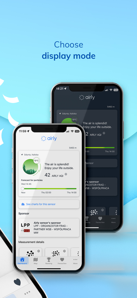 Two smartphones showing the Airly air quality dashboard in light and dark display modes