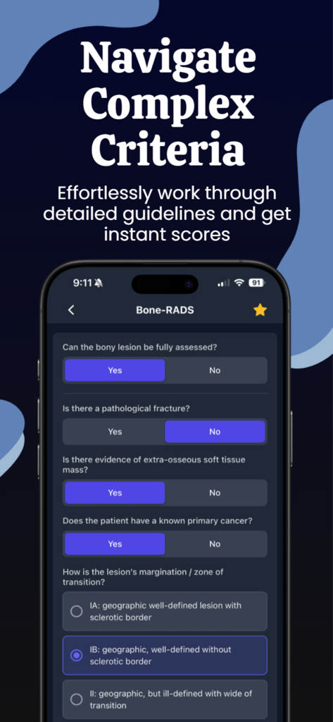 Mobile interface of the Radiology Calculators app displaying the Bone-RADS classification tool with diagnostic questions in dark mode.