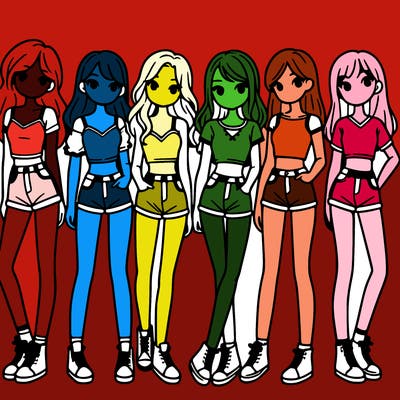 a group of girls wearing crop tops and shorts