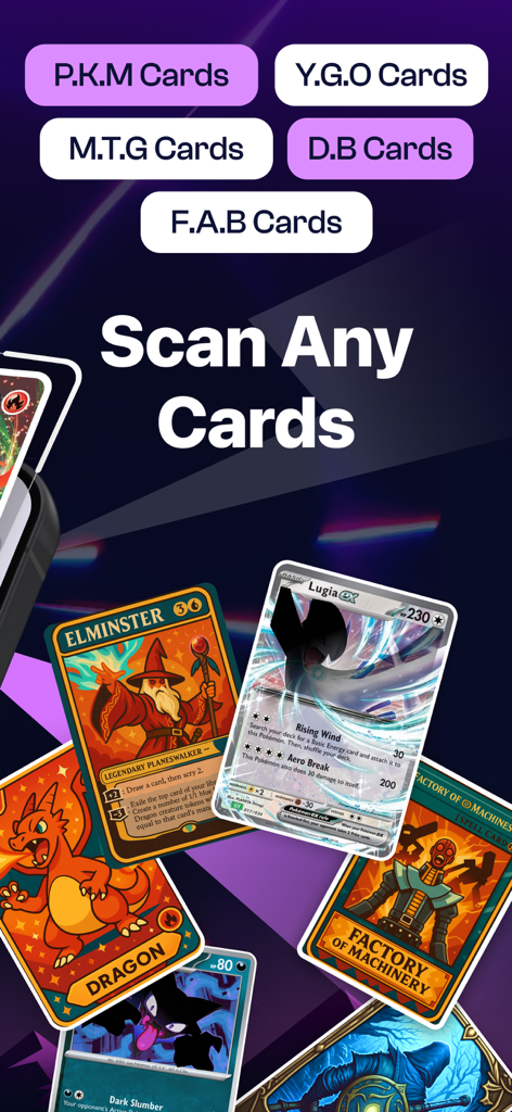 TCGSnap: Card Value Scanner - Mobile app interface showing various trading cards and the text Scan Any Cards