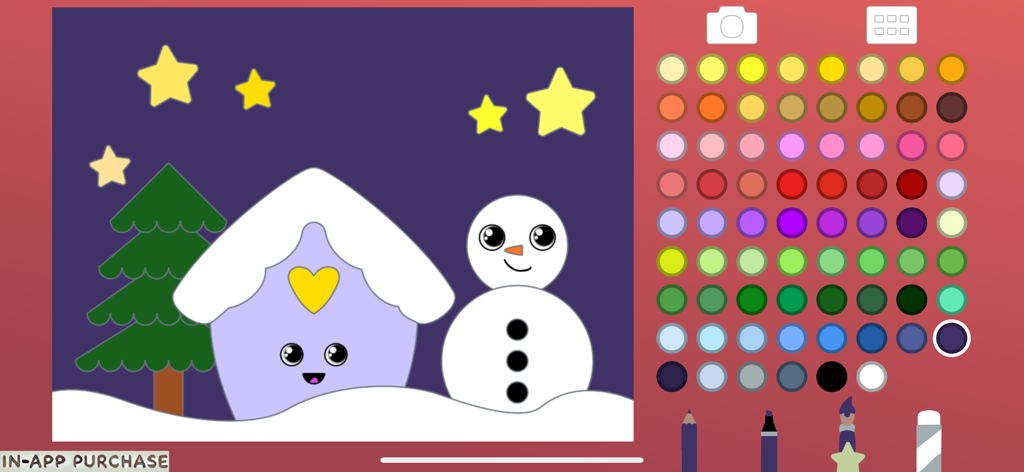 Coloring for Kids and Toddler - Digital coloring app interface showing a winter night scene with a snowman and a wide variety of color options for toddlers.