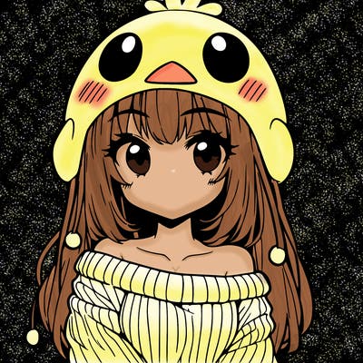 anime girl with chick shaped hat with sweater with bare shoulders with bangs covering them one eye with low tail