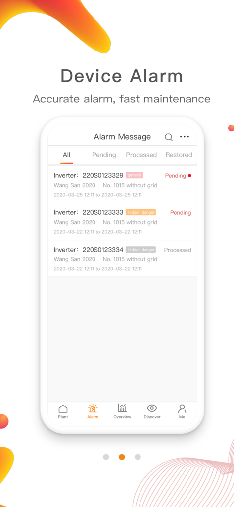 SolarEnergyCloud - Pantalla de la aplicación SolarEnergyCloud que muestra una lista de mensajes de alarma del inversor y el estado de mantenimiento de los sistemas fotovoltaicos.