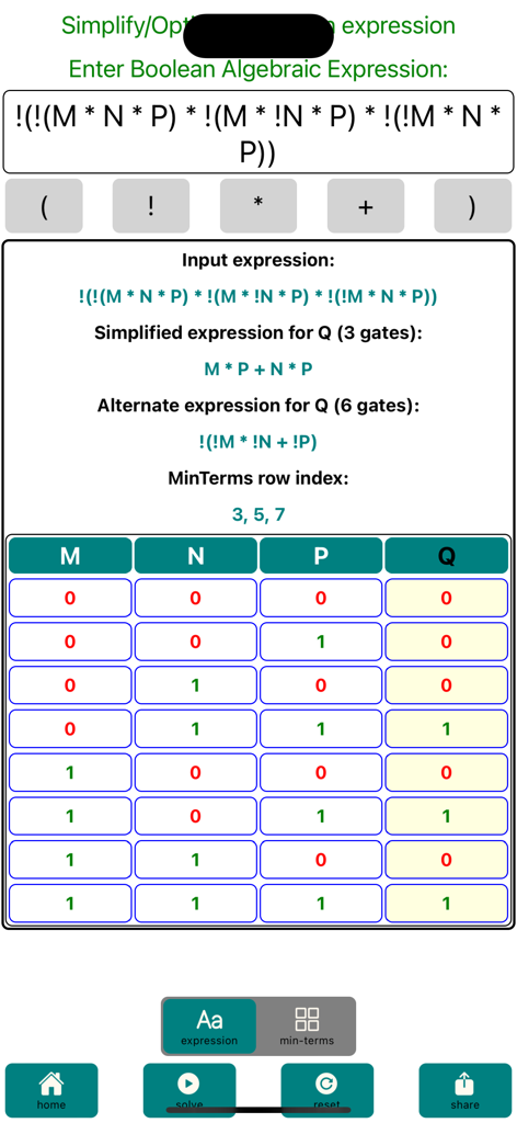 Logic-Gate-Design Pro - Boolean algebraic expression simplification and truth table generation in the Logic-Gate-Design Pro app