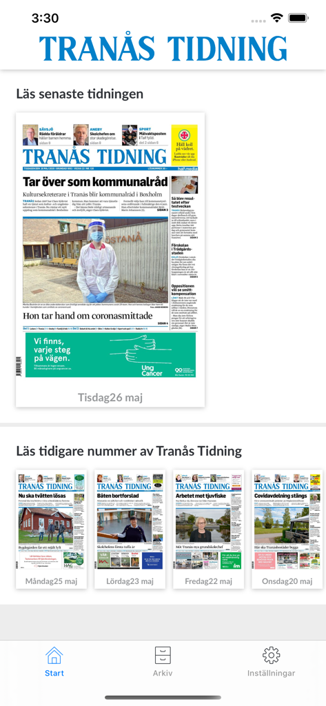 Tranas Tidning e-paper mobile app interface showing digital newspaper editions