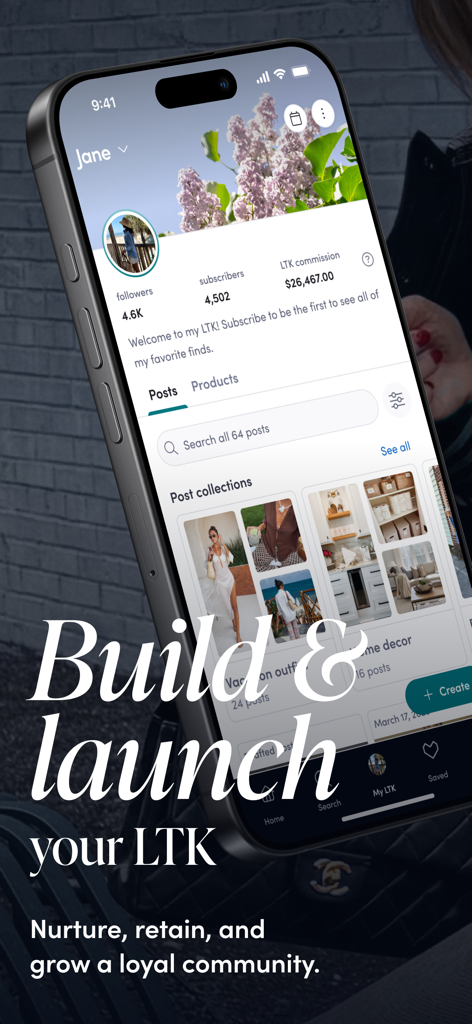 LTK Creator: Monetize Content - iPhone displaying the LTK Creator app profile screen with social stats and earnings for content monetization
