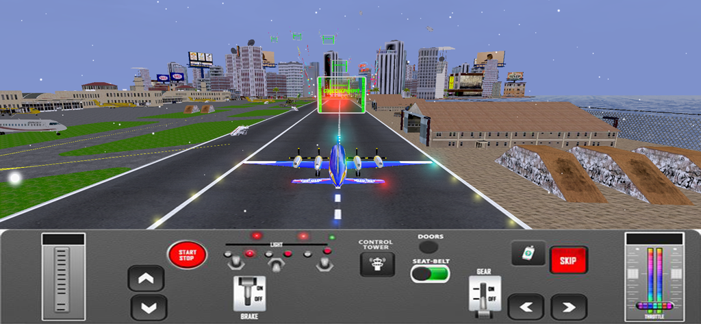 Airplane Simulator Flying Game - Vista del juego de un avión en una pista con controles de vuelo en pantalla y edificios de la ciudad