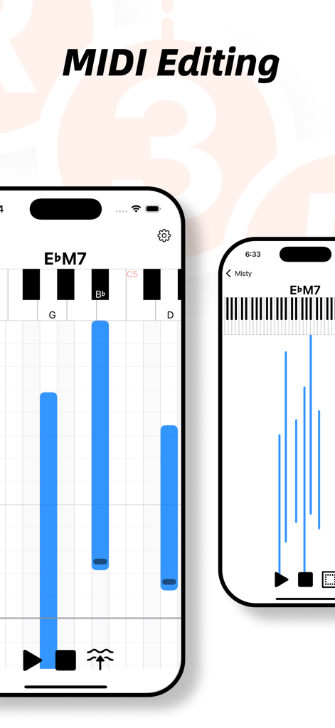 A mobile interface of the GenChord app showing the MIDI editing feature and piano roll for an EbM7 chord.