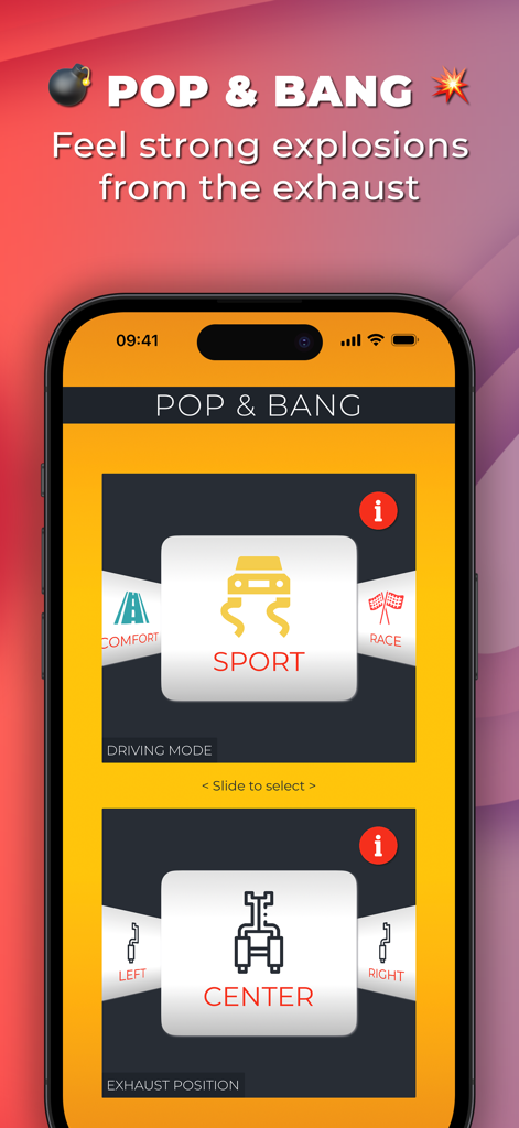 Potenza Drive: Engine Sounds - Potenza Drive app interface for configuring exhaust pop and bang sounds with driving mode and position settings