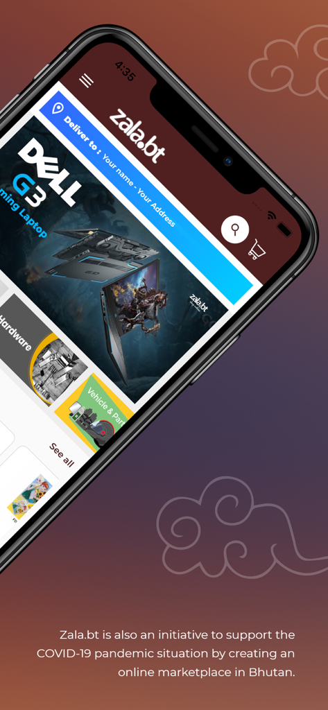 A smartphone screen showing the zala.bt marketplace interface with various shopping categories like electronics and hardware.