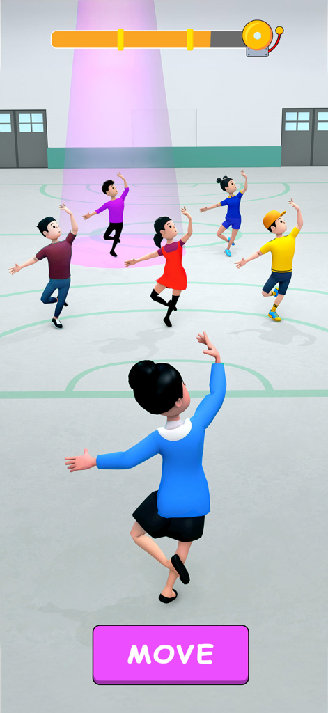 Pass or Fail - School Games - A teacher leading students in a gym dance routine with a move button and progress bar