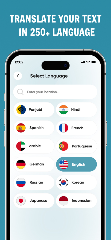 Translate AI Keyboard Language - Interfaz de aplicación móvil que muestra una lista de idiomas disponibles con banderas para la selección