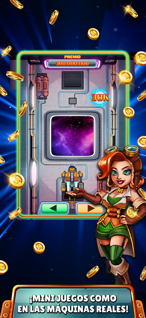Mundo Slots - Tragaperras Bar - Un personaje steampunk presentando un minijuego con temática espacial en Mundo Slots.